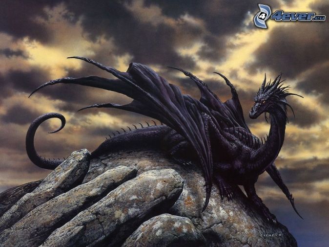 dragon noir sur un rocher, nuages